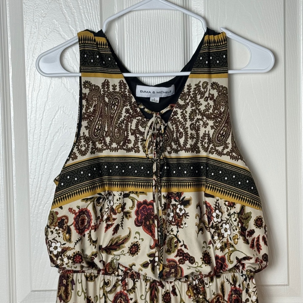 EMMA & MICHELE Paisley Floral Print Maxi Dress Womens Size L Sleeveless Tie Neck - Picture 2 of 7